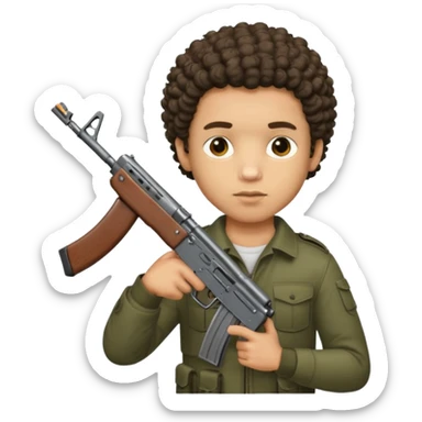 AK47 in hand, light skin male with shortest curly hair  some cuts on the face  sticker