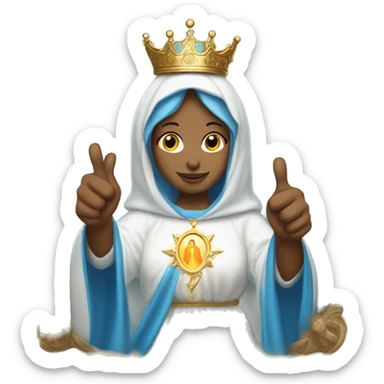 blessed virgin mary with one hand thumb up, with blue veil and white clothes, with crown, with halo sticker