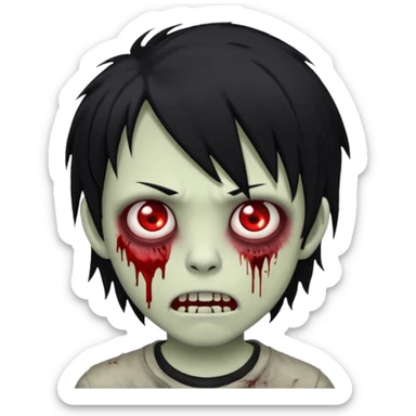 Boy, zombie, black hair, medium long, emo, shaggy, dark, spooky, creepy expression emoji And red eyes and blood on teeth sticker