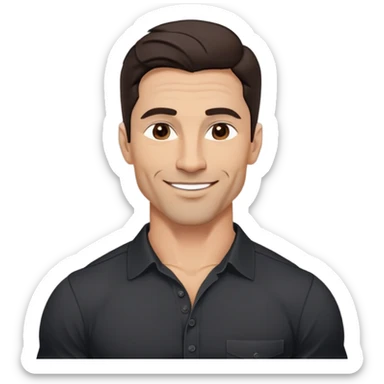 Very fit muscular 40-year-old with youthful looks, light brown skin, elongated face, strong defined jawline, charming confident smile, medium dark eyes, arched eyebrows, straight nose, buff physique, medium wavy dark hair, wearing a slightly tight black button-up shirt sticker