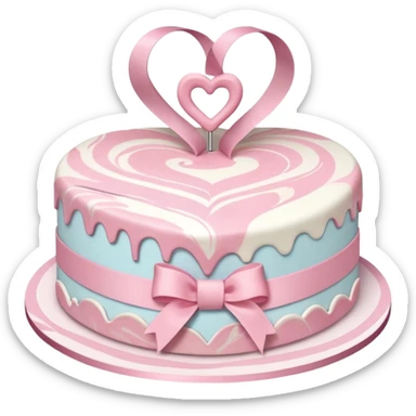 heart shaped birthday cake, pastel pink and white marbled, cute and simple, ribbon decoration, no candle sticker