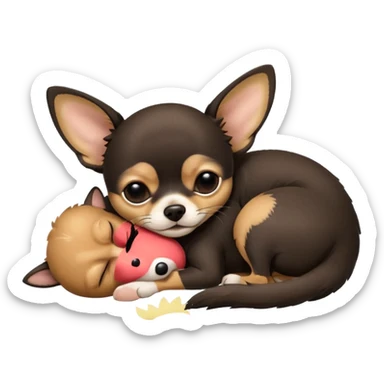 A high-resolution photo-realistic digital illustration of a  black tan chihuahua sleeping lazily on the ground sticker