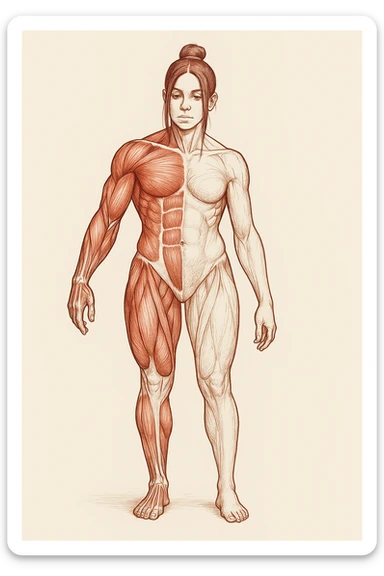 Anatomical style illustration inspired by the photo showing muscles less developed on one side of the body due to asymmetries, highlighting the muscular difference between the two sides, variant 3. sticker