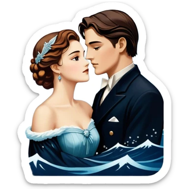 Icon for Titanic Movie: A vintage movie poster-style design featuring a dramatic scene of the ship, the iceberg, and a romantic silhouette of the main couple. Include elements like the ship’s bow, water splashes, and a starry sky in the background. Retro cinematic feel. Transparent background. sticker