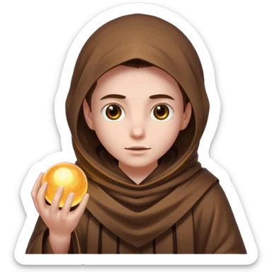 Coarse, hand-woven brown robes with deep,  shadowed cowls  with A dark, light-absorbing void within the hood where only two glowing yellow or orange eyes are visible. In AI generation, specify "glowing orb-like eyes" or "beady luminous eyes". sticker