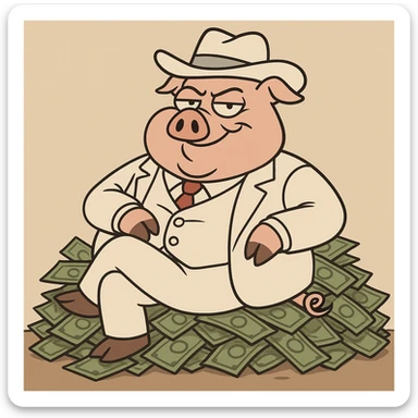 boss hog piggy, sitting on a pile of money, smirking, cartoon style sticker