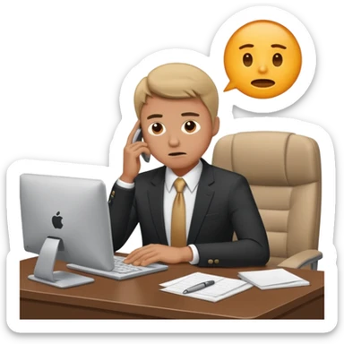 A man in corporate attire sitting at a desk, looking stressed while working on a computer sticker