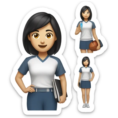 
An Asian, dark-haired college student who likes sports, dresses smartly, and holds a laptop. sticker
