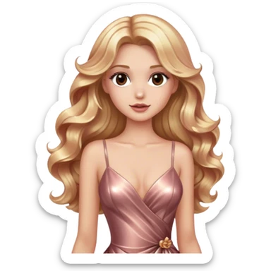 blonde model, brown eyes, long wavy hair, glamorous metallic rose gold gown sticker