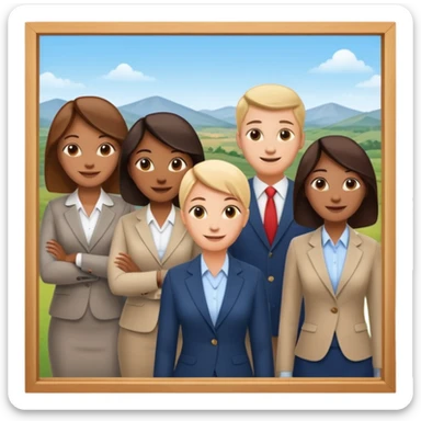 Employees of a startup company with a countryside view outside the window sticker