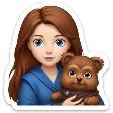long hair chestnut color blue eyes woman holding small ewok dog sticker