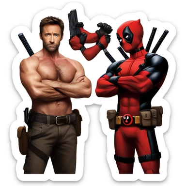 Hugh Jackman Wolverine Shirtless and Ryan Reynolds Deadpool Holding arms. sticker