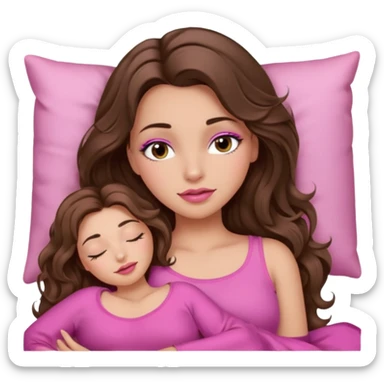 girl with long wavy brown hair, brown eyes, long lashes makeup, sexy pink lips, light to medium complexion, wearing a pink sexy top, sleeping sticker