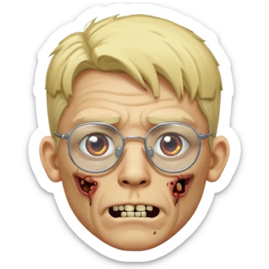 faça um homem zumbi loiro, usando óculos sem aro e com 1 brinco em cada orelha, estilo ponto de luz sticker