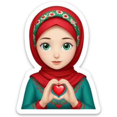 Turkish beautiful finish Konya girl blue eyes with red floral hijab and green red dress and she make heart with hands sticker