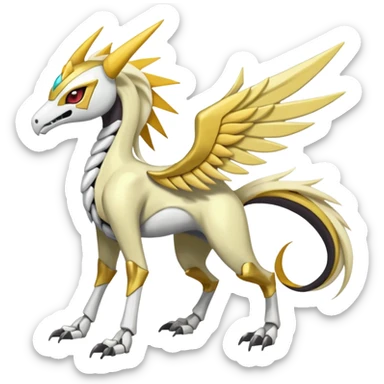 Colorful Skeletal masked armored Meloetta-Latias-Manectric-Solgaleo-Raikou-Pokémon-Digimon-Fakémon-fusion-hybrid-creature, full body sticker