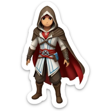 An icon representing an adventure game, inspired by Assassin's Creed. The design features a heroic character in hooded attire, scaling a tall building in a historical cityscape. The background shows ancient architecture and hidden symbols, symbolizing exploration and stealth. Transparent background  sticker