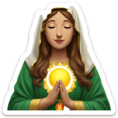 Virgin Mary: kind face looking down at the left, long brown hair, Wearing an emerald green  robe with gold stars and a burgundy red dress,  Hands in prayer or blessing. Halo around her head. standing in front of a big sun. colorful roses on the sides  sticker