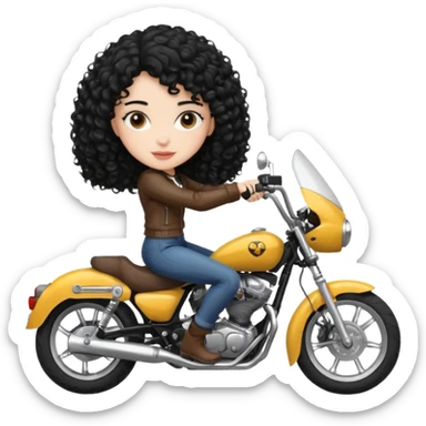 18 year old girl, black curly hair, white, dark brown eyes, riding a motorcycle sticker
