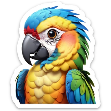 Cinematic Cute Macaw Portrait Emoji, Head tilted playfully and inquisitively, with a dazzling array of colorful plumage and round, sparkling eyes filled with charm, Simplified yet irresistibly adorable features, highly detailed, glowing with a warm, friendly tropical glow, high shine, affectionate and lively, stylized with a touch of whimsical vibrancy, bright and endearing, soft glowing outline, capturing the essence of a mischievous yet loving parrot that seems as if it could flutter out of the screen into your arms! sticker