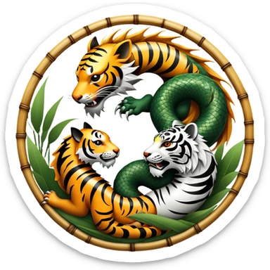An icon symbolizing Eastern martial arts in the style of an emblem, featuring a black-and-white Yin-Yang symbol, a dragon, and a tiger. The dragon and tiger represent strength and agility, surrounding the symbol. Traditional elements like bamboo add to the design. Transparent background. sticker