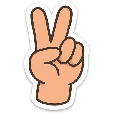 Edit the cartoon style hand in a peace sign gesture with both the index and middle fingers fully straight and separated, pinky finger fully straight and visible, remove the bent pinky, thumb clearly touching the ring finger, no white outline, keep transparent background, matching the original style and colors of the reference image. sticker
