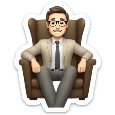 Joyful Celebrating victory Hands up Pale skinned Fit Man With dark brown hair in gray jacket, beige office shirt, Brown pants and vintage glasses sitting In a soft chair sticker