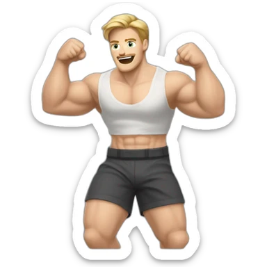 To belt Actively gesturing with hands Pale skinned Fit Man With the biceps and light brown hair in dark gray Sleeveless Mike, black oversize sports shorts and white Sneakers sticker