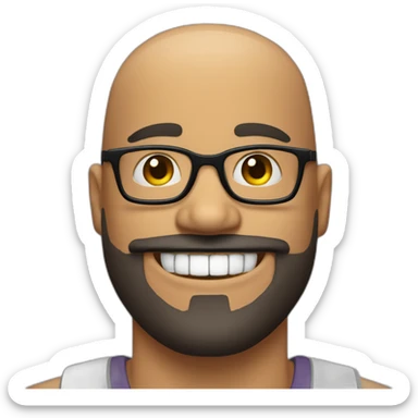 bald man with full goatee black glasses and thick eyebrows with a big smile and nice teeth sticker