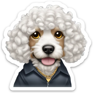 A white curly haired dog / cavapoo wearing mob boss/pimp clothing  sticker