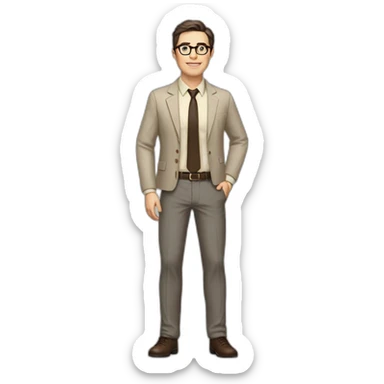 Full height Pale skinned fit man with dark brown hair in gray jacket, beige office shirt, brown tie, brown pants and vintage glasses. His right hand stretched out sticker