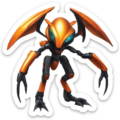 a shiny metallic black-orange Genesect-Flygon-Raptor-Fakémon-Medabot-hybrid with a futuristic visor-helmet full body sticker