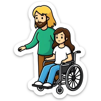 A bearded Brown haired man in a wheel chair lwith long blonde haired mom pushing sticker