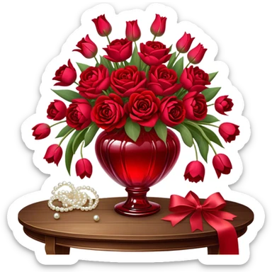 "A romantic still life of a crystal-clear red glass vase brimming with a lavish mix of scarlet roses, tulips, peonies, and silk-like pansies, with pearl-hued ribbons cascading gracefully over a vintage wooden table."
 sticker