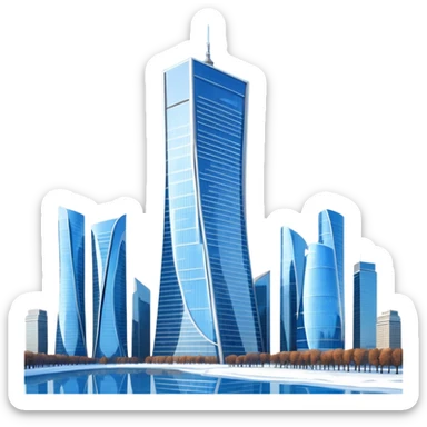 Apple style 3D emoji of the Evolution Tower from Moscow City.
Twisted skyscraper made of blue reflective glass, realistic reflections, light snow on the edges. Glossy 3D icon, smooth shading, high quality, isolated on a white background. sticker