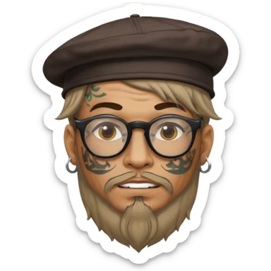 very tattoed face, normal glassess, fat venice gondolier with iconic hat and thick hair sticker