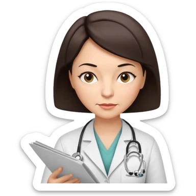 A female doctor in her 50s with visible facial wrinkles, dark brown short bob hair, her body turned slightly at an angle, with her gaze clearly directed downward and fixed on the medical chart she is reviewing. sticker