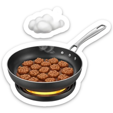 A 3D cartoon frying pan with minced meat being cooked, slight steam, realistic texture, Memoji-style. sticker