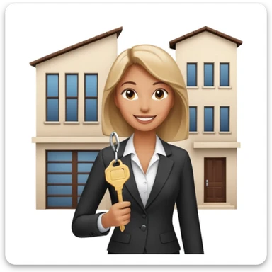 woman realtor in a suit, smiling, holding house keys, modern Dubai townhouse behind her sticker