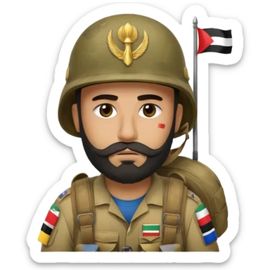 A very tired and sad, swarthy Iraqi soldier with a beard, an Iraqi flag on his helmet, a sad expression and bags under his eyes sticker