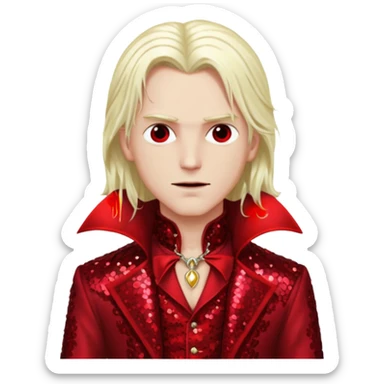 Alucard, Son of Dracula with long platinum blonde hair, dark red sequin outfit  sticker