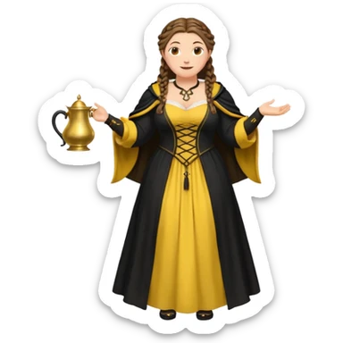Helga Hufflepuff,brown-haired,2 braids,yellow-black medieval open dress,deep neckline,fat macromastia,black cloak decorated with gold braiding,gold cup with two handles,very kind smile,curvy busty sweet woman,round rosy cheeks,full length with medieval shoes sticker