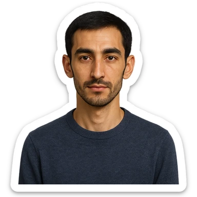 A Tajik man with a slender build, oval face, broad forehead, straight nose, expressive brown eyes, thick eyebrows, dark straight hair, and warm-toned skin, neatly kept facial hair sticker