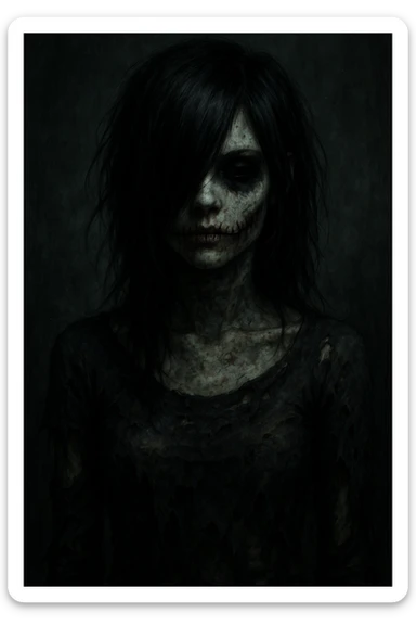 emo girl zombie, black hair covering one eye, stitched mouth, dark makeup, tattered clothes sticker