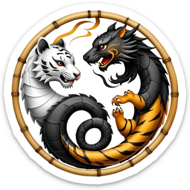 An icon symbolizing Eastern martial arts in the style of an emblem, featuring a black-and-white Yin-Yang symbol, a dragon, and a tiger. The dragon and tiger represent strength and agility, surrounding the symbol. Traditional elements like bamboo add to the design. Transparent background. sticker