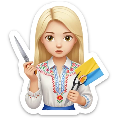 Ukrainian young girl with blonde hair in a white traditional embroidered shirt (vyshyvanka) holding scissors in one hand and colorful paper in the other hand sticker