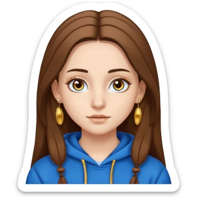 teen girl, white skin, long brown hair middle parted, brown eyes, blue hoodie eyelashes and gold earrings sticker