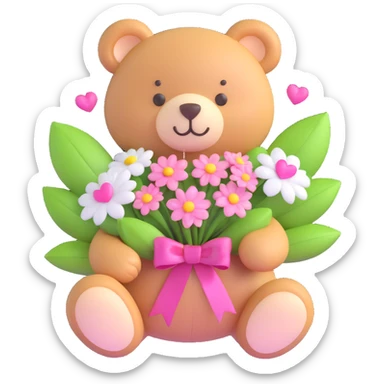 a teddy bear with a pink bow on its head, holding a bouquet of white flowers with green leaves and pink ribbon, and small pink hearts floating around sticker