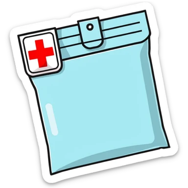 Discreet intimate health packet with red cross symbol and heart icon, sealed medical packet sticker