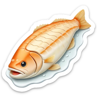 boneless cod fillet, slightly curved, white-ivory flesh, moist flaky texture, muscle grain visible, tapered end, fresh and clean, clean 3D rendering, soft light, subtle shadow, no background elements, no anthropomorphic features, transparent background, emoji scale sticker